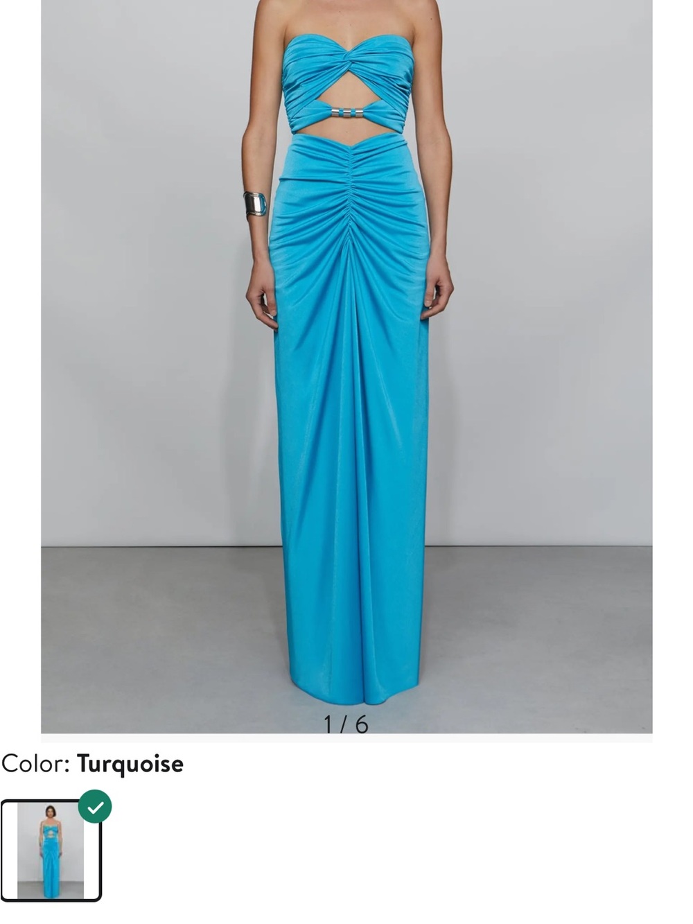Et Ochs Corinne Strapless Turquoise Ruched Maxi Dress with Cutout Detail